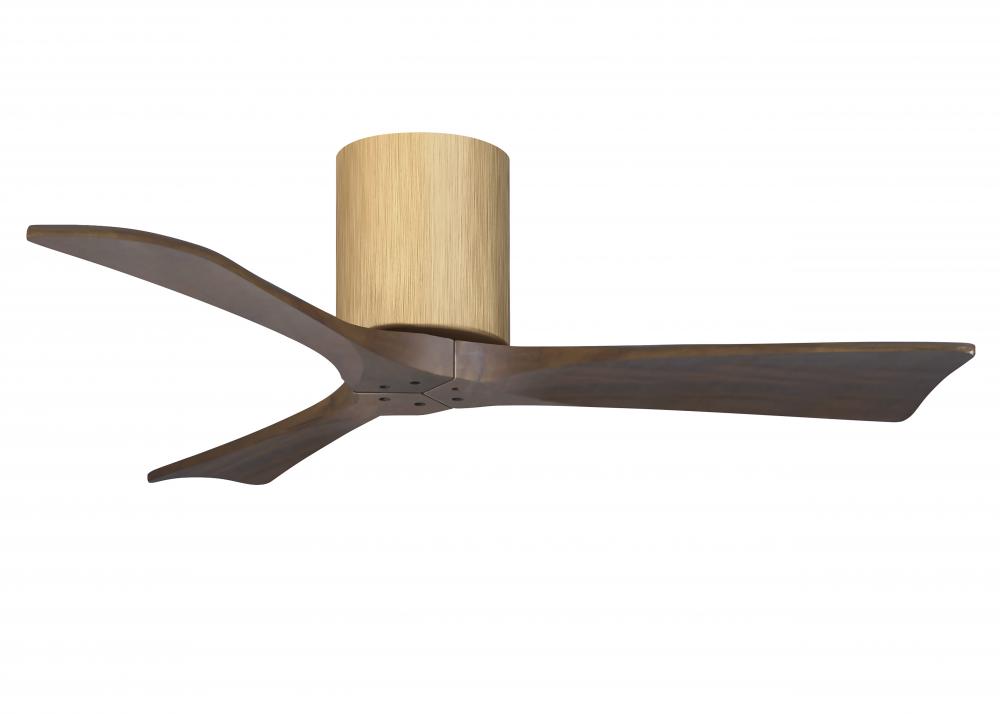 Irene-3H three-blade flush mount paddle fan in Light Maple finish with 42” Walnut tone blades. 