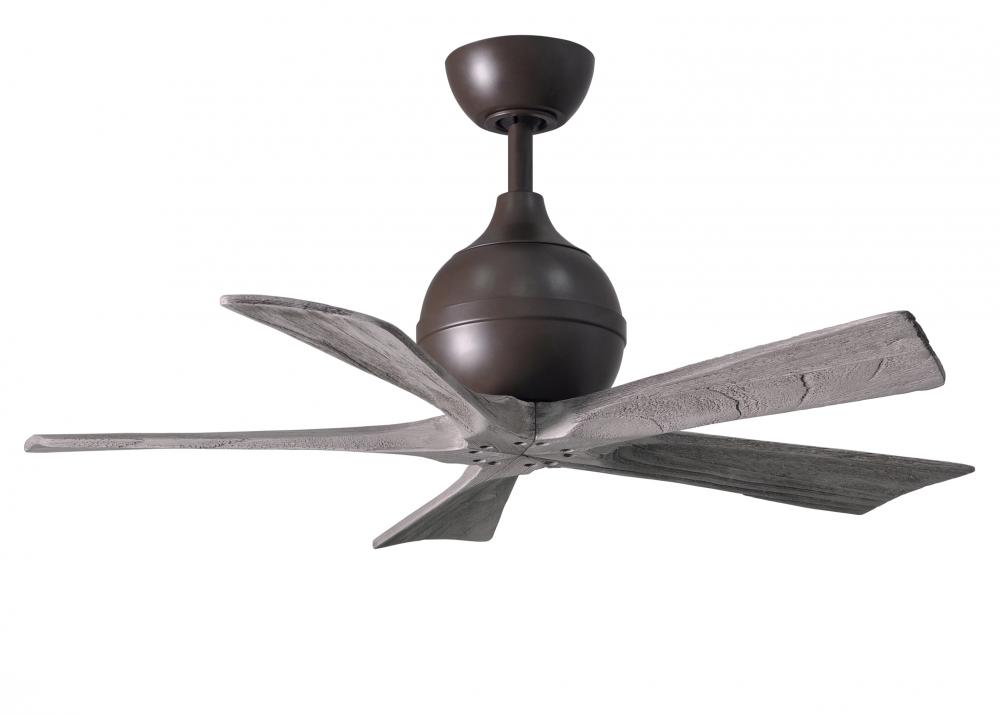 Irene-5 five-blade paddle fan in Textured Bronze finish with 42" solid barn wood tone blades.