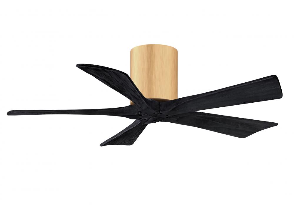 Irene-5H three-blade flush mount paddle fan in Light Maple finish with 42” Matte Black tone blad