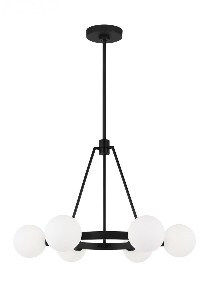 Clybourn modern 6-light indoor dimmable chandelier in midnight black finish with white milk glass sh