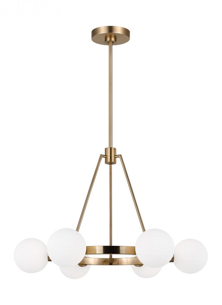 Clybourn modern 6-light indoor dimmable chandelier in satin brass gold finish with white milk glass