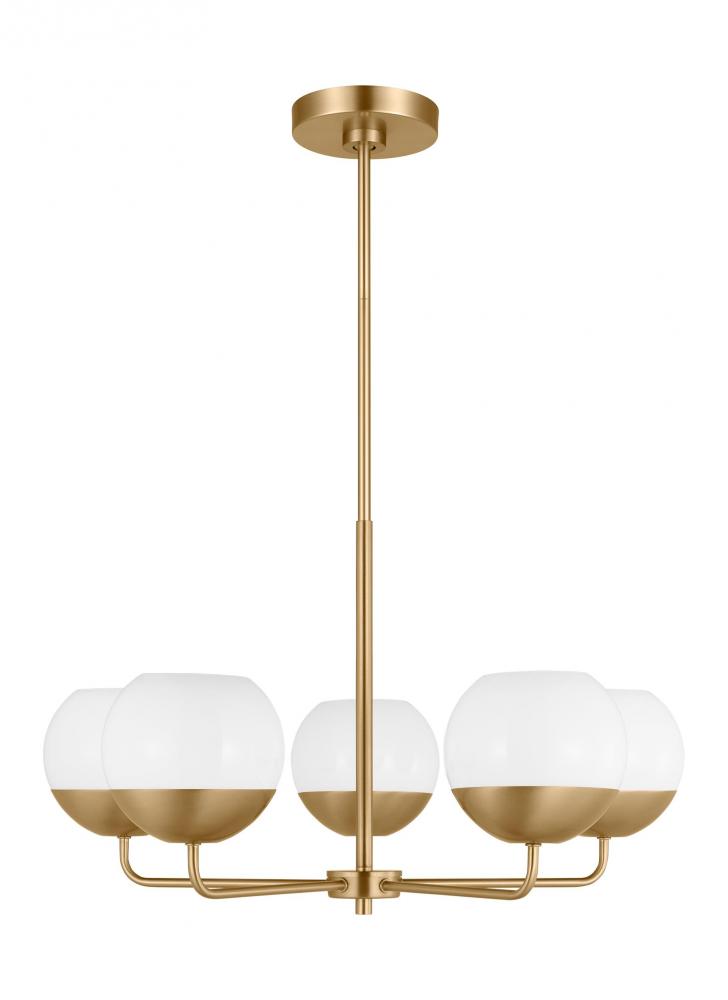 Alvin modern LED 5-light indoor dimmable chandelier in satin brass gold finish with white milk glass