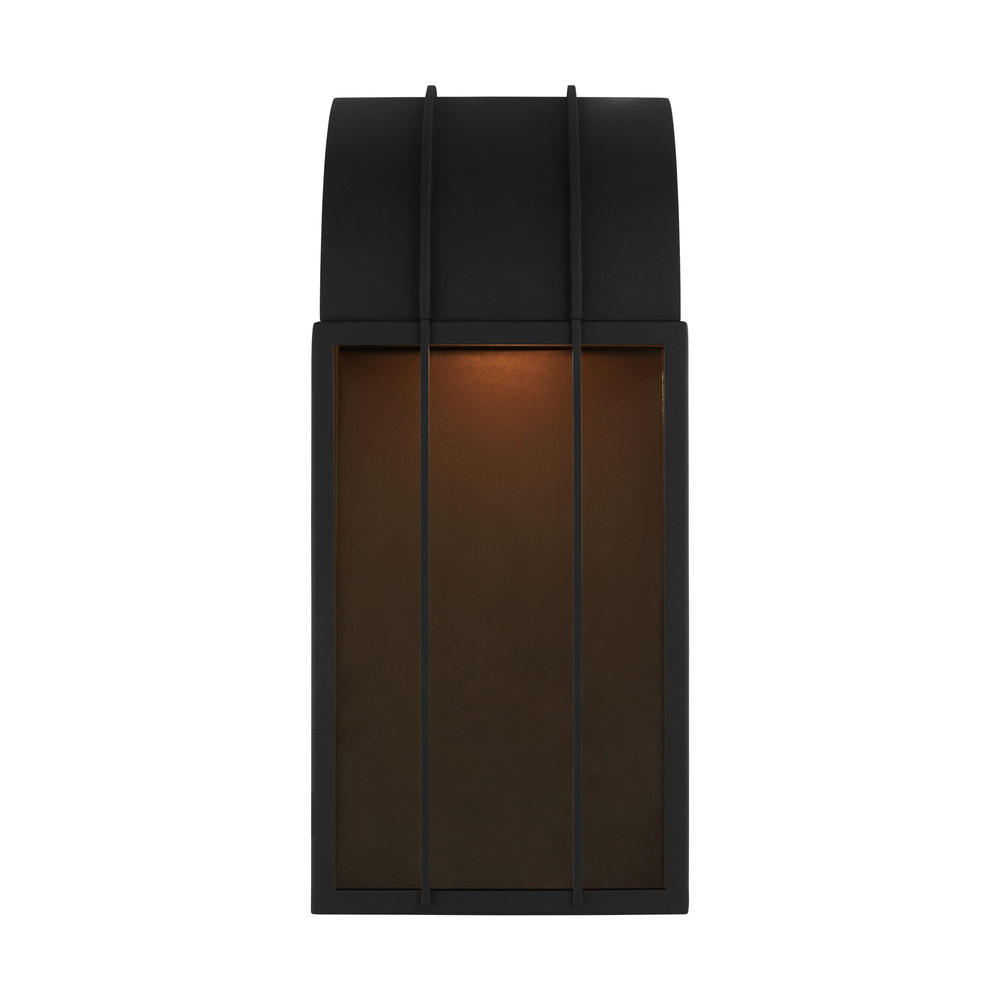 Veronica modern outdoor 1-light medium wall lantern in a textured black finish and clear glass cylin