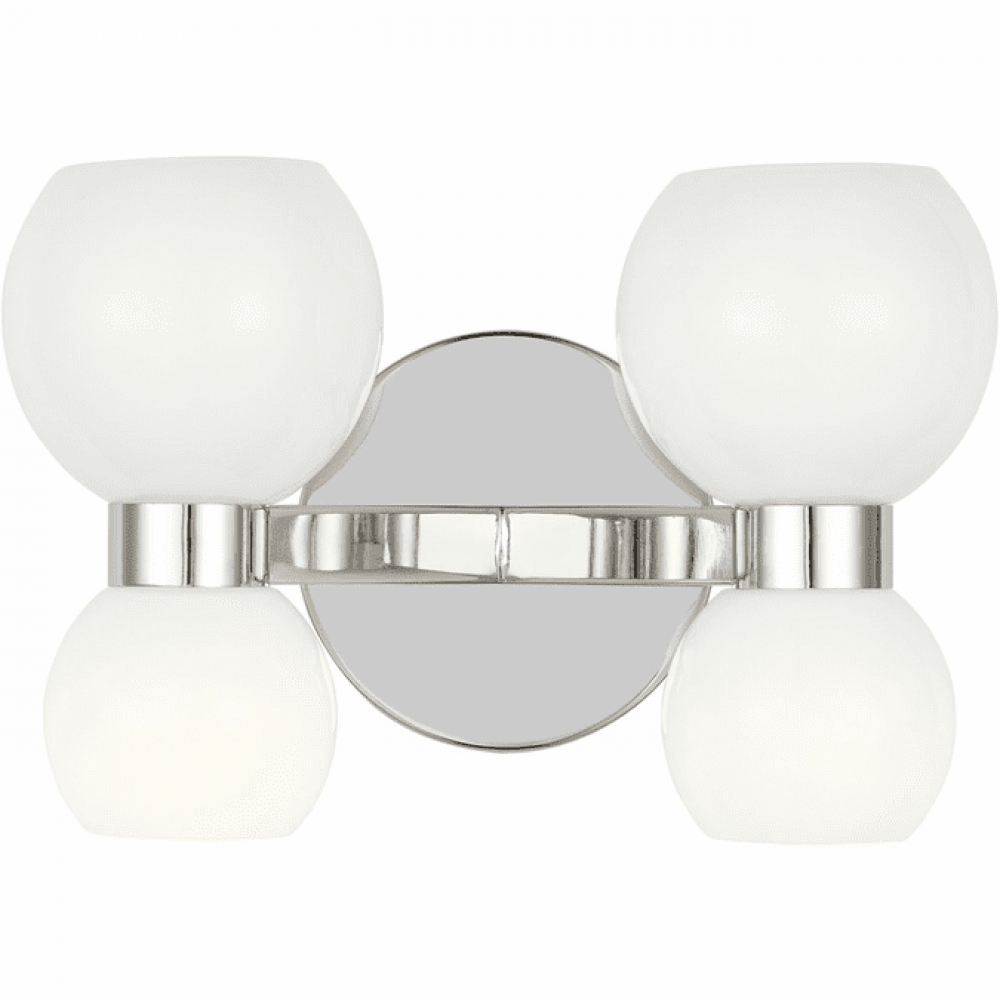 Londyn modern indoor dimmable double sconce wall fixture in a polished nickel finish with milk white