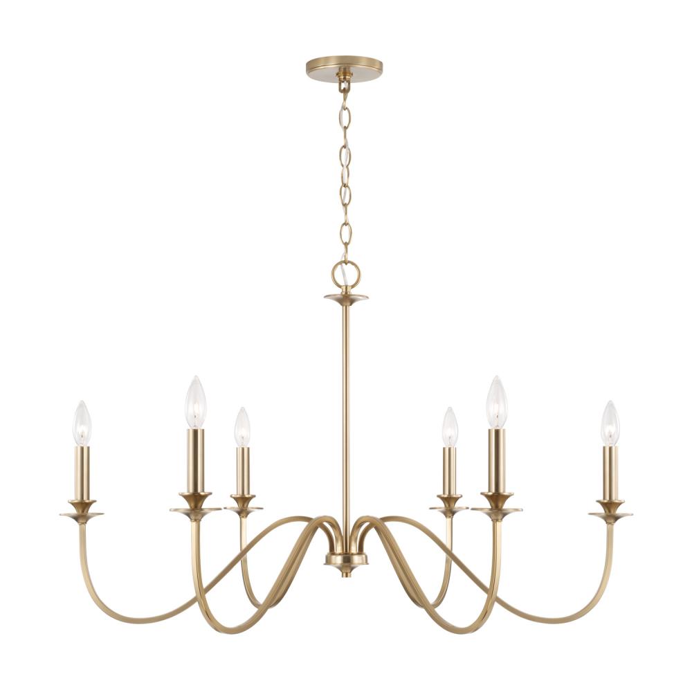 6-Light Chandelier in Matte Brass with Decorative Double Bobeches